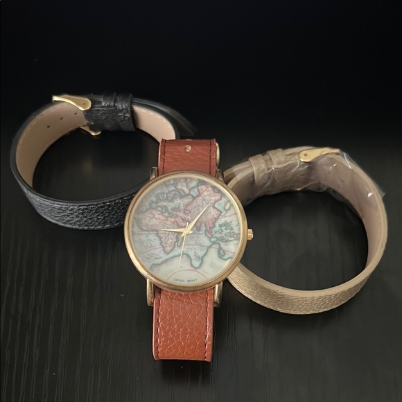 Vintage Map Dial Watch with Leather Straps - Picture 1 of 4